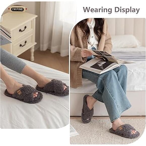 Goewy Womens Size 7-8 Gray Open Toe Fuzzy Memory Foam Slide On Slipper Shoes - Picture 5 of 5